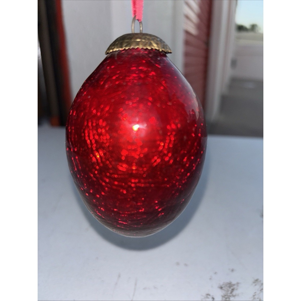 Antique German Kugel Red Christmas Ornament Brass Cap Mercury Glass Egg Shape